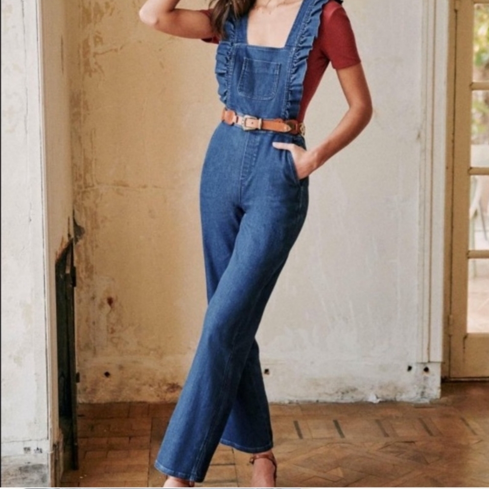Sezane Rosario Ruffle Denim Overall Jumpsuit - Picture 1 of 8